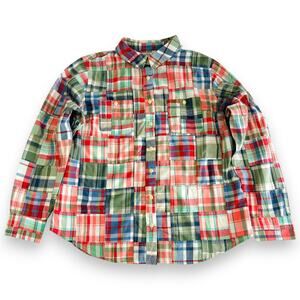 Womens M PET Madras Shirt L.L. Bean Button Up 501951 Roll Tab Long Sleeve